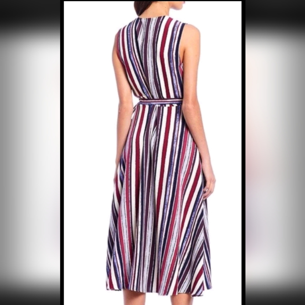 ALEX MARIE Cassie Striped V-Neck Crepe True Wrap Midi Dress Purple 6 - Picture 3 of 5